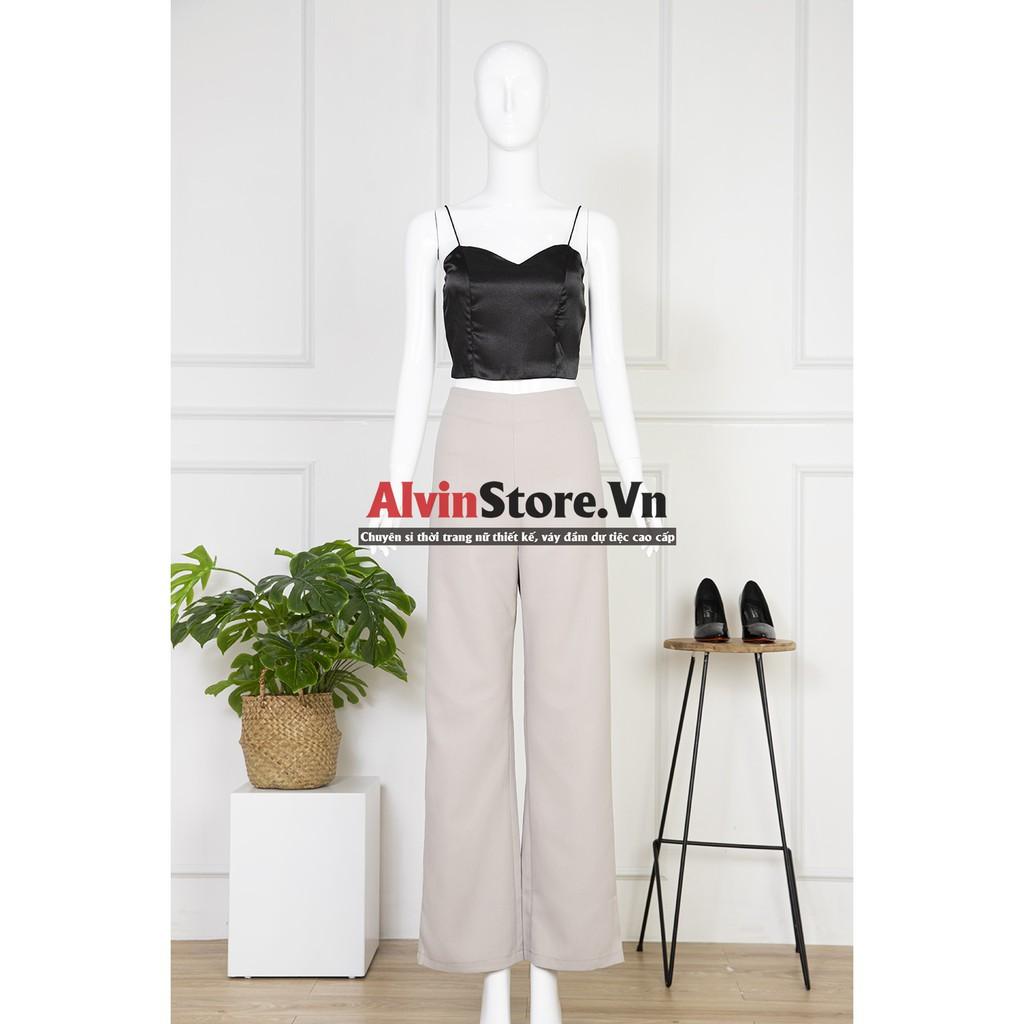 Áo Croptop Ôm Hai Dây Lụa Đen Cao Cấp Và Quần Ống Suông