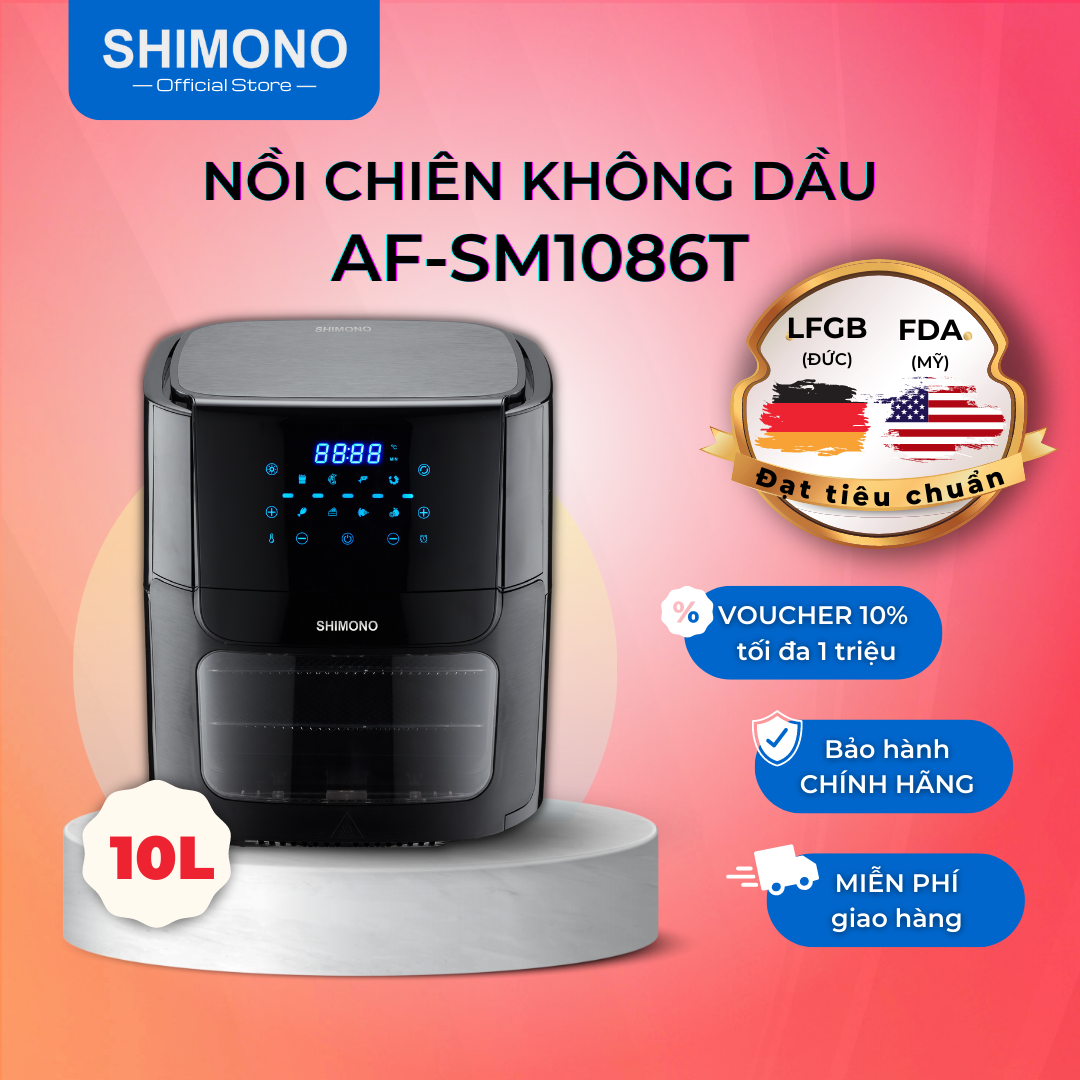Nồi Chiên Không Dầu SHIMONO SM-AF1086T 10L 1800W Cao Cấp Tiêu Chuẩn FDA Hoa Kỳ, LFGB Đức Tặng Kèm Trọn Bộ 9 Phụ Kiện Hàng Chính Hãng