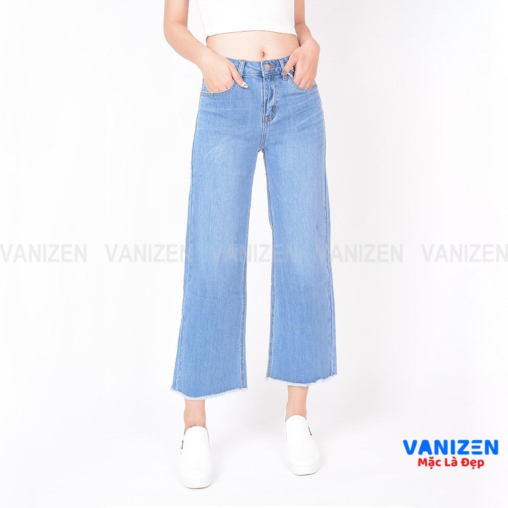 Quần jean nữ ống suông rộng đẹp lưng cao cạp cao xước nhẹ hàng hiệu cao cấp mã 424 VANIZEN