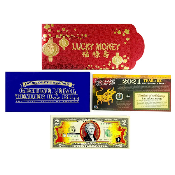 Tiền 2 USD Hình Con Trâu 2021 in hình chú Trâu Vàng Lucky Money bao da xanh