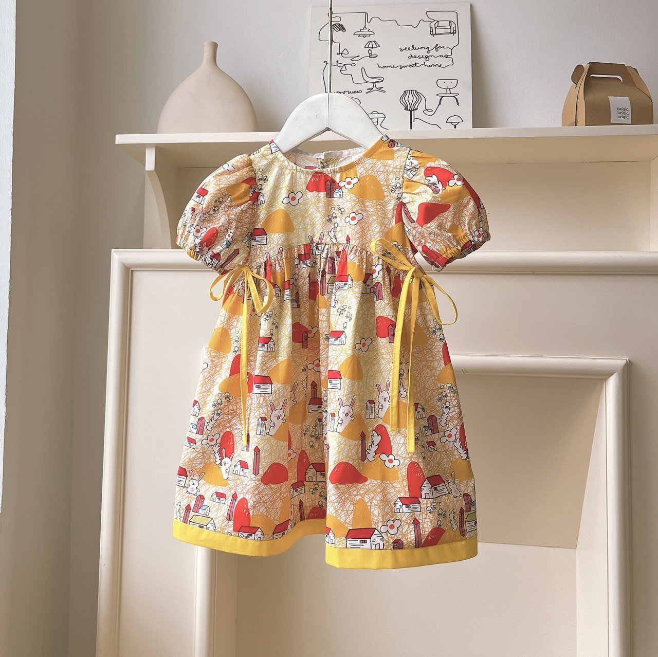 Váy bé gái 10-35kg tay bồng phối màu xinh xắn Baby-S, Đầm bé gái họa tiết thỏ siêu đáng yêu – SD101