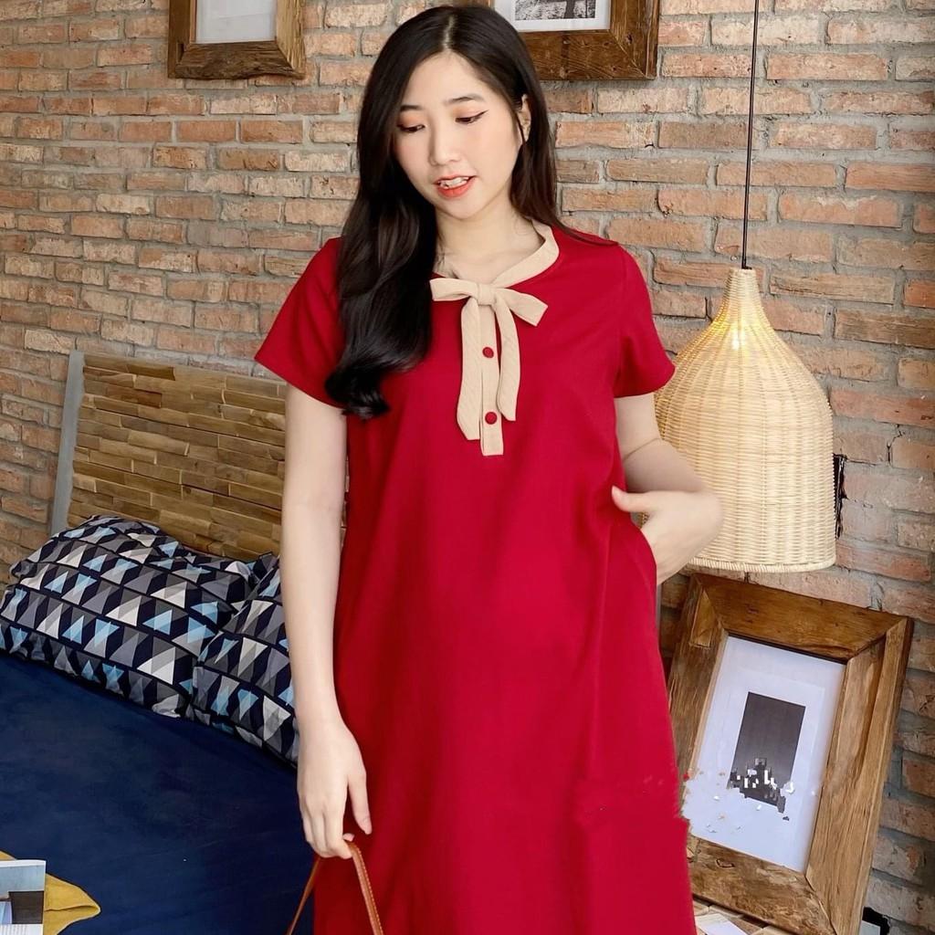 Váy bầu công sở thiết kế dáng xuông nơ cổ xinh sắn