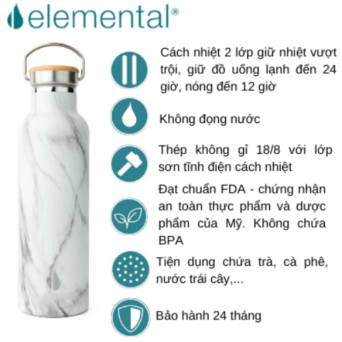 BÌNH GIỮ NHIỆT ELEMENTAL MÀU VÂN ĐÁ , BÌNH NHẬP KHẨU MỸ, ĐẠT CHUẨN FDA HOA KỲ, THÉP 304 KHÔNG GỈ, GIỮ NÓNG LẠNH