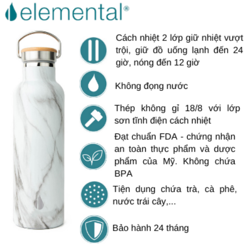 BÌNH GIỮ NHIỆT ELEMENTAL MÀU VÂN ĐÁ (750ML), BÌNH NHẬP KHẨU MỸ, ĐẠT CHUẨN FDA HOA KỲ, THÉP 304 KHÔNG GỈ, GIỮ NÓNG LẠNH