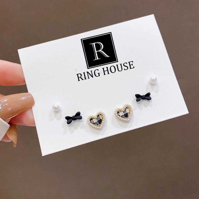 Set Bông Tai Khuyên Tai Nữ Tim Nơ Hạt Trai Nhỏ Xinh Xắn