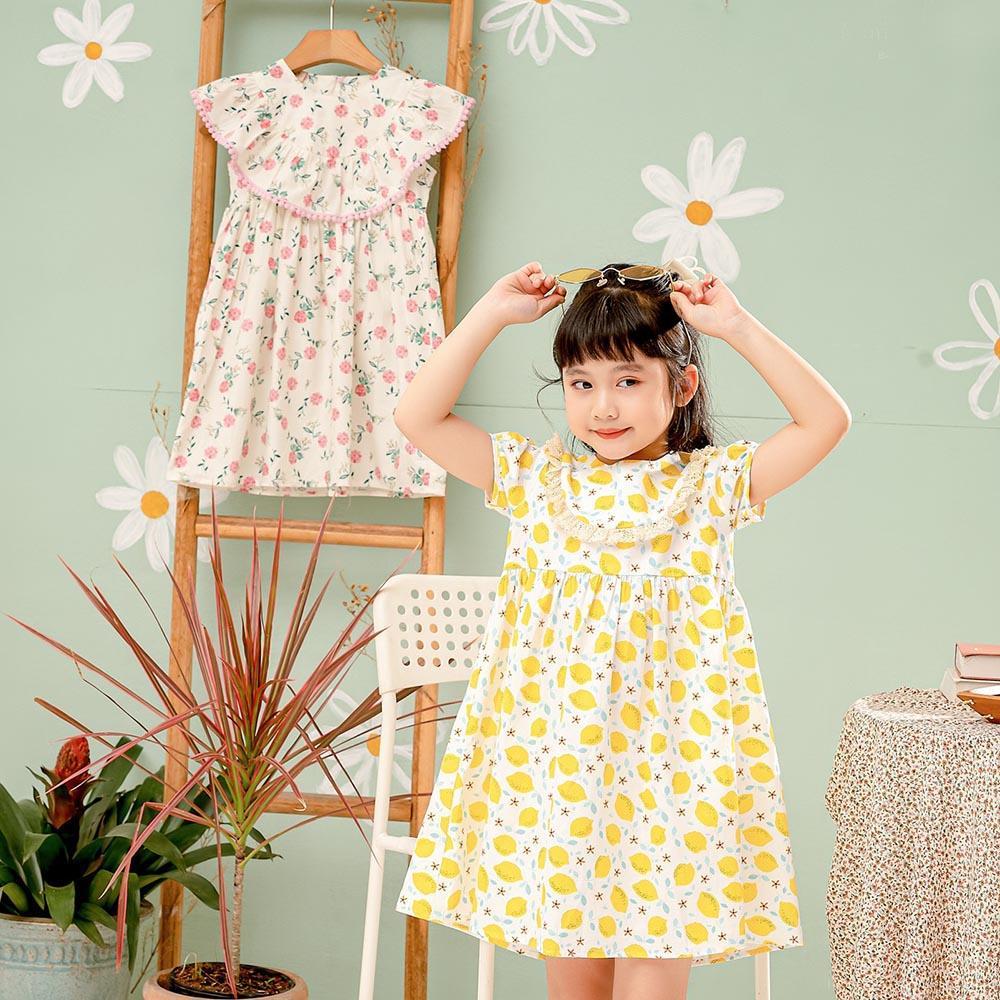 Váy đầm bé gái 1 lớp hè thu xinh mát họa tiết chanh vàng viền ren cổ hàng thiết kế MamLa