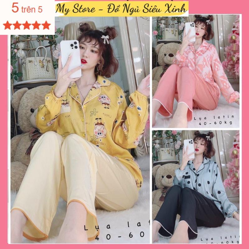 Đồ bộ nữ mặc nhà, đồ ngủ Pijama dễ thương lụa latin tay dài quần dài, Freesize dưới 60kg MYSTORE S24