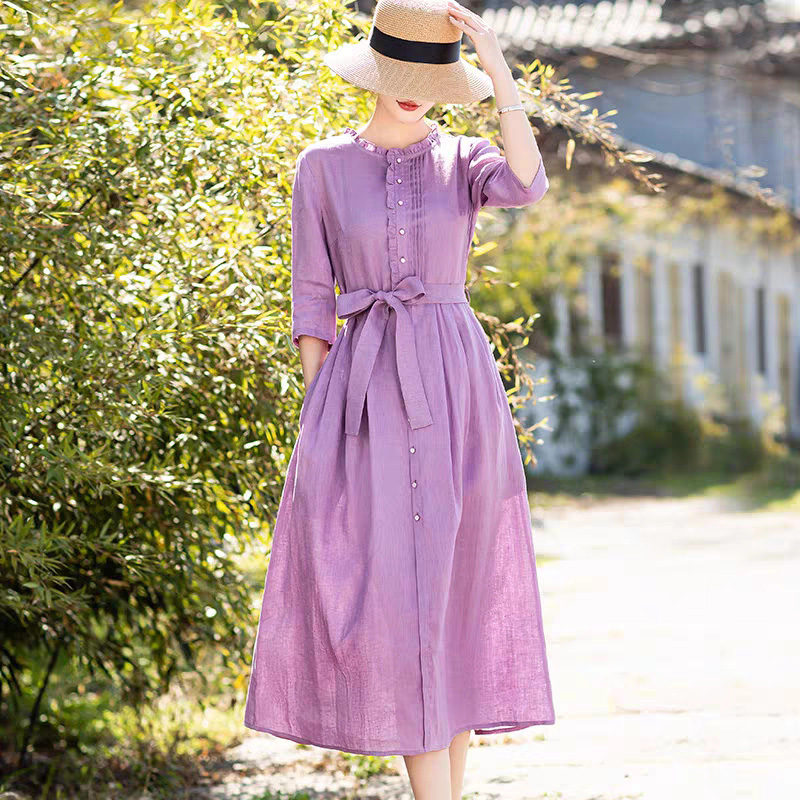 Đầm linen nữ cổ bèo màu tím siêu xinh, phong cách cổ điển quý phái, chất liệu linen cao cấp HB62