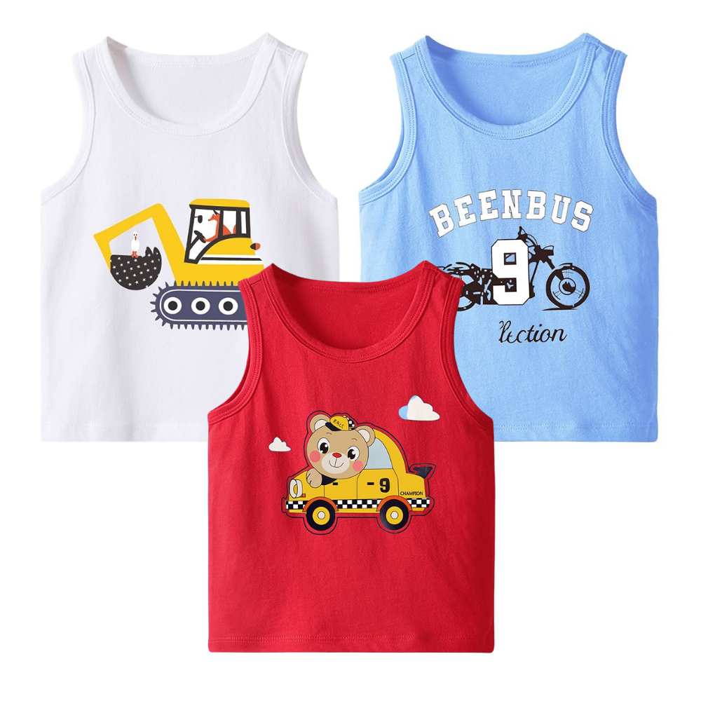 [Combo 3 áo] Áo ba lỗ bé trai TrueKids cotton 100% mềm mịn in hình ô tô và gấu