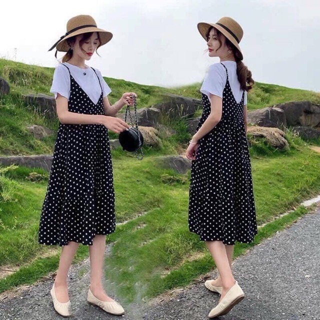 Váy bầu chấm bi hai dây dài mới