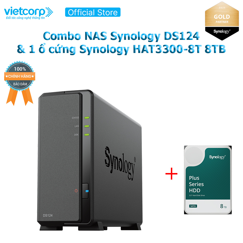 Combo Thiết bị lưu trữ NAS Synology DS124 và 1 Ổ cứng Synology HAT3300-8T Hàng Chính Hãng