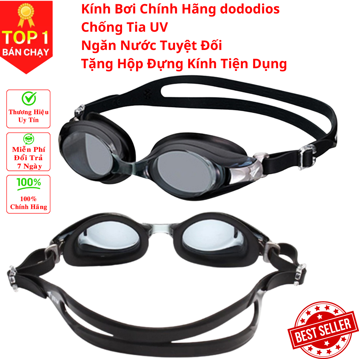 Kính bơi người lớn nam nữ cao cấp, mắt kính bơi chính hãng dododios - D2030 - Kính bơi chống nước, chống mờ, chống tia UV Tặng kèm hộp đựng