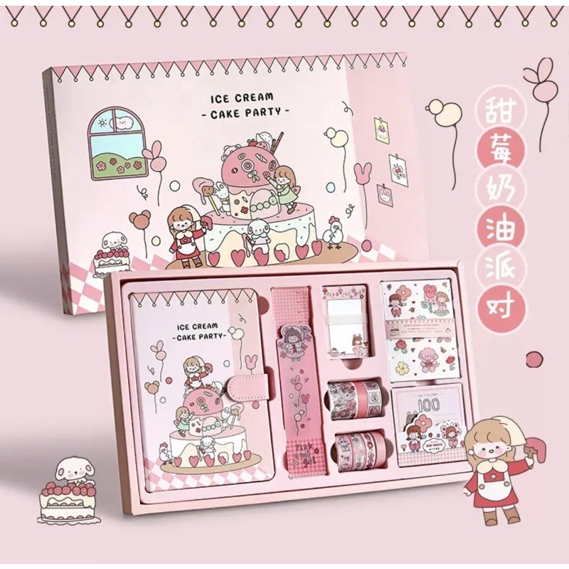 Hộp quà tặng - Washi tape kèm sổ sticker kẹp giấy và giấy note xinh - Ice Cream