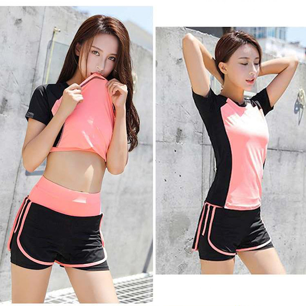 Bộ Quần Áo Tập Gym, Yoga, Thể Dục Nữ Hàng Cao Cấp - Set Quần Đùi + Áo Tay Ngắn Sườn Cong