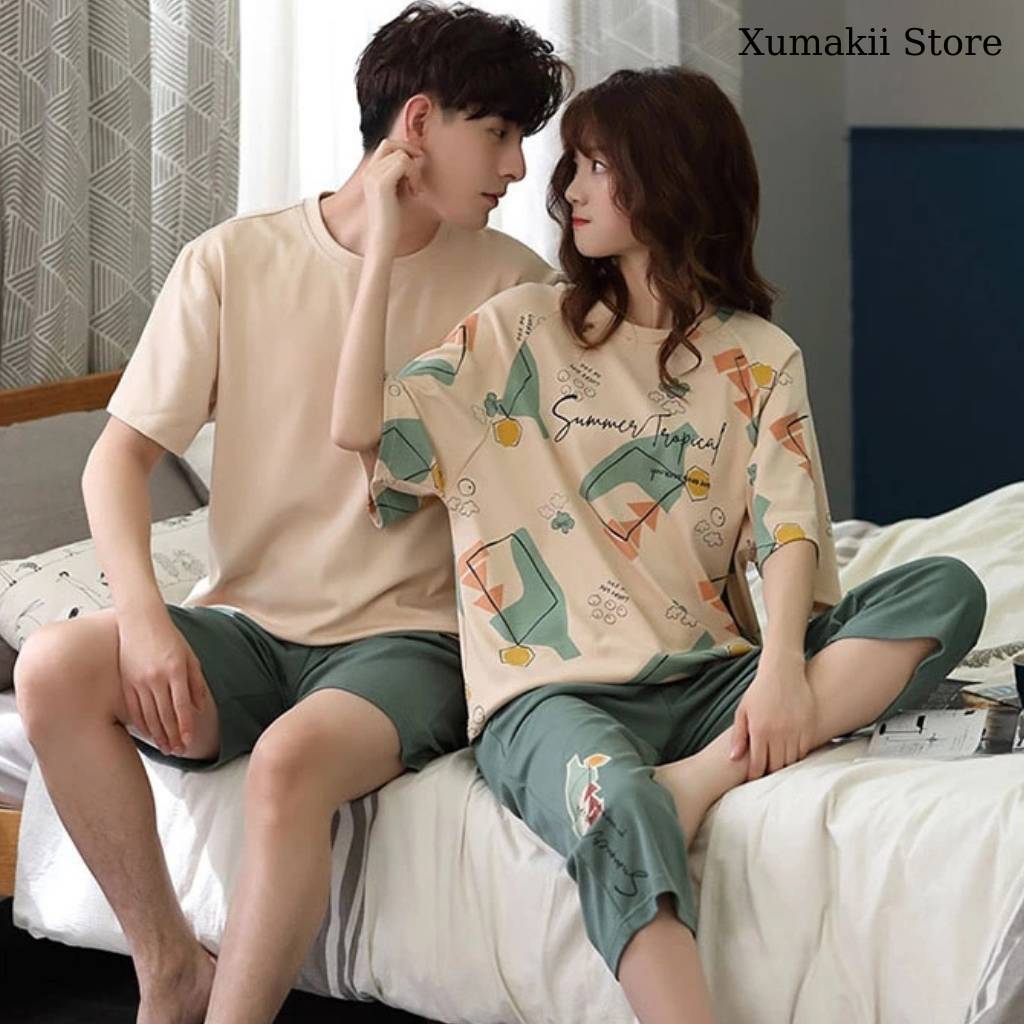 Bộ ngủ đôi nam nữ chất cotton cao cấp hoạ tiết xanh lá DOI01A