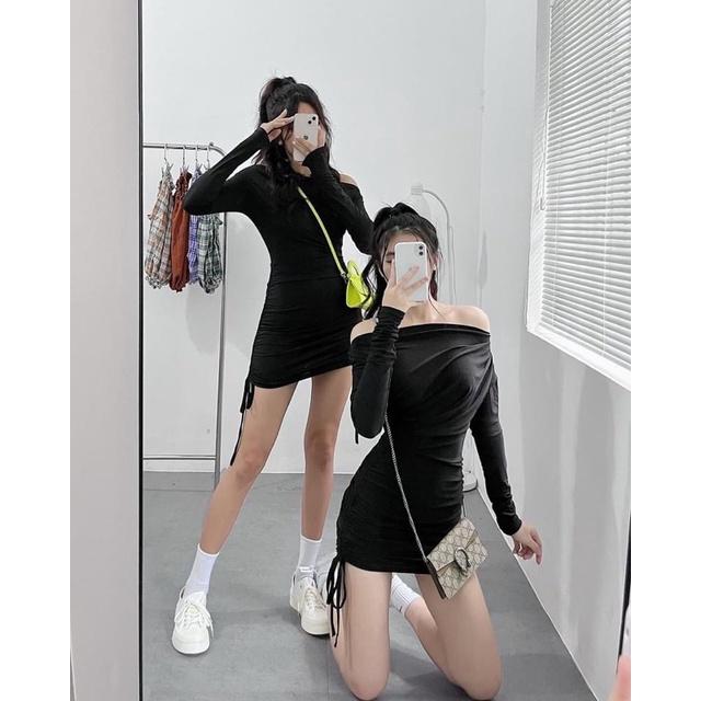 Đầm Body Bẹt Vai Rút Dây Tay Dài Cao Cấp