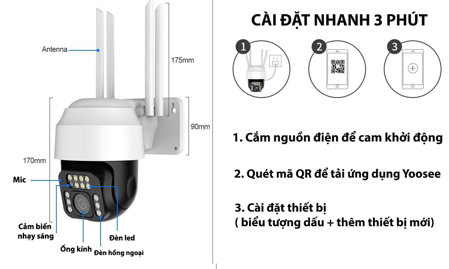 Camera Wifi Yoosee  4.0 Mpx FHD Siêu Nét , Trong Nhà Ngoài Trời Xoay 360° Ăng Ten 4 Râu Xem Đêm Có Màu-Đàm Thoại 2 Chiều-Phát Hiện Chuyển Động Chống Trộm Hàng Nhập Khẩu