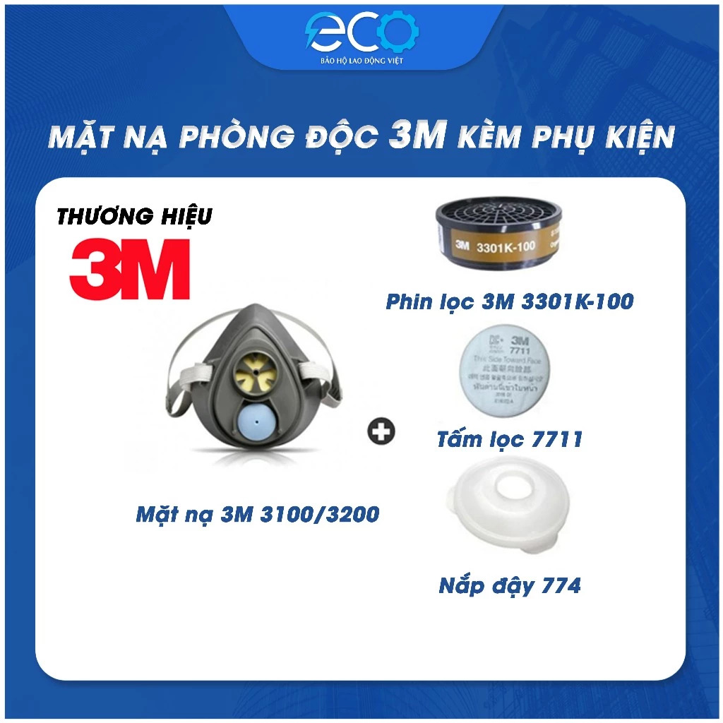 Combo nguyên bộ 4 món mặt nạ phòng độc 3M 3100/ 3200 + phin lọc 3M 3301K-100 + tấm lọc bụi 3M 7711 + nắp giữ tấm lọc 3M 774