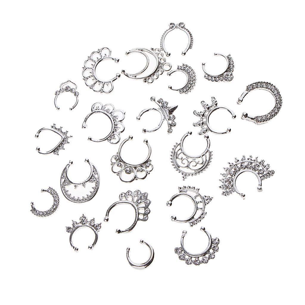2x21 Pieces Crystal Fake Septum Clicker Nose Ring Non-piercing Silver