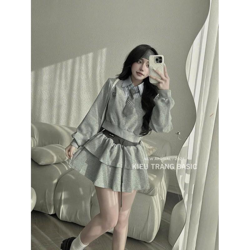 Set nỉ Miu kèm cà vạt siu xinh BY JOLIE - Ghi