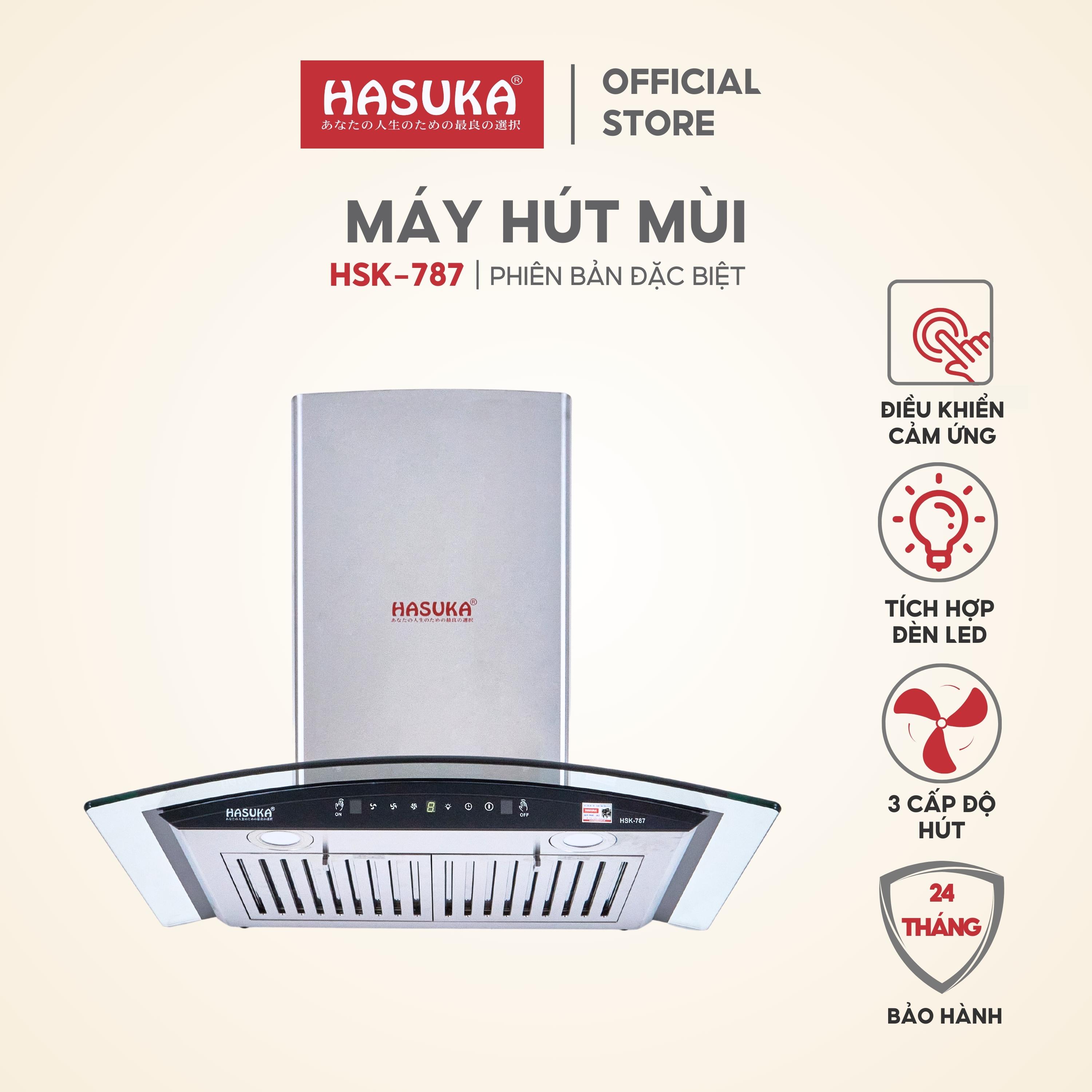 Máy hút mùi cảm ứng kính cong lưới inox HASUKA HSK-787, công suất motor 190W- Phím cảm ứng &amp; cảm biến chuyển động tay - HÀNG CHÍNH HÃNG