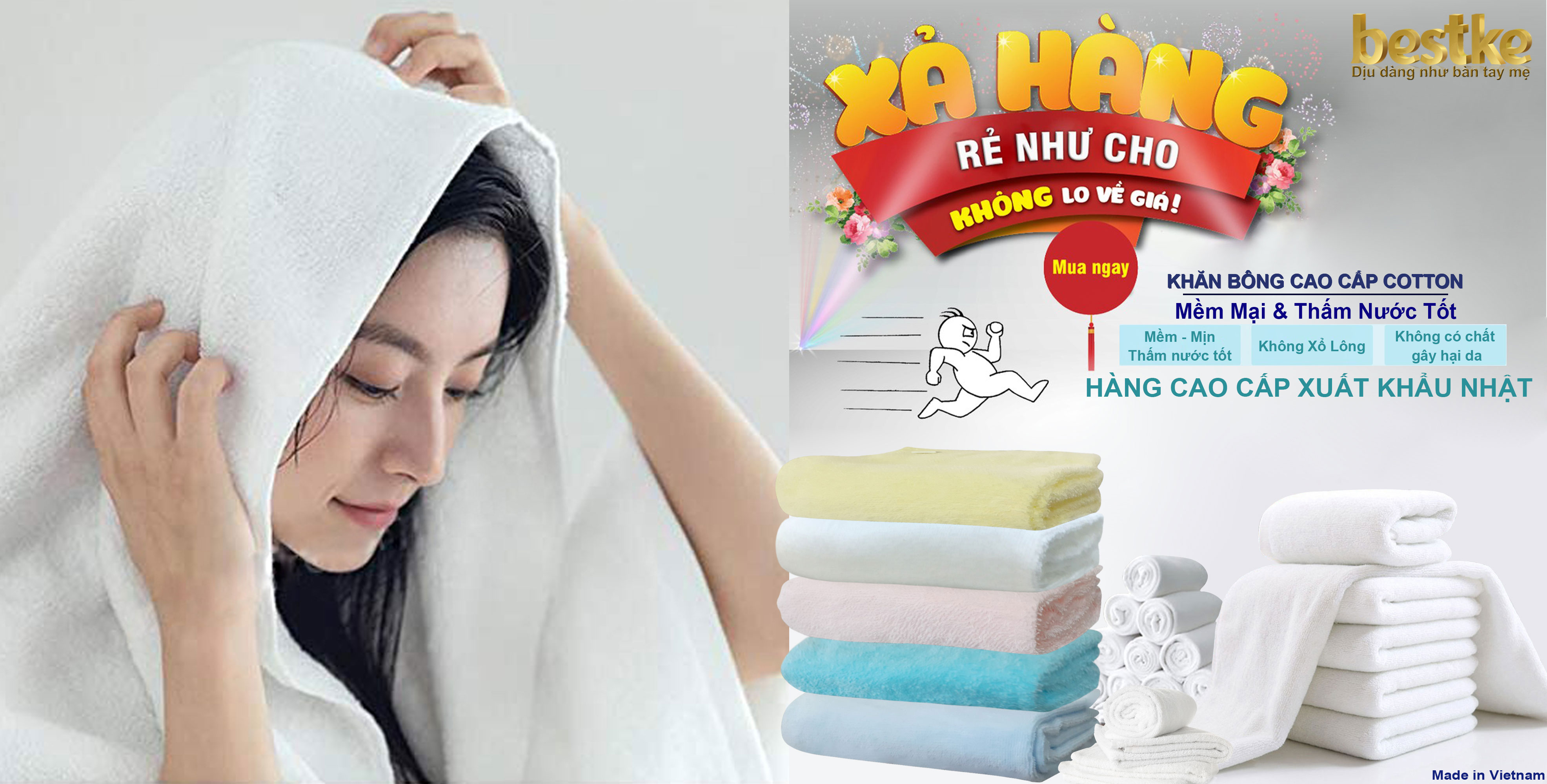 Bộ Khăn Bestke Cao Cấp , Dày đẹp, 100% Cotton gồm khăn tắm, khăn gội, khăn mặt, Mềm mại và Thấm hút Nước , Xuất Khẩu, Màu Blue, trọng lượng 700g