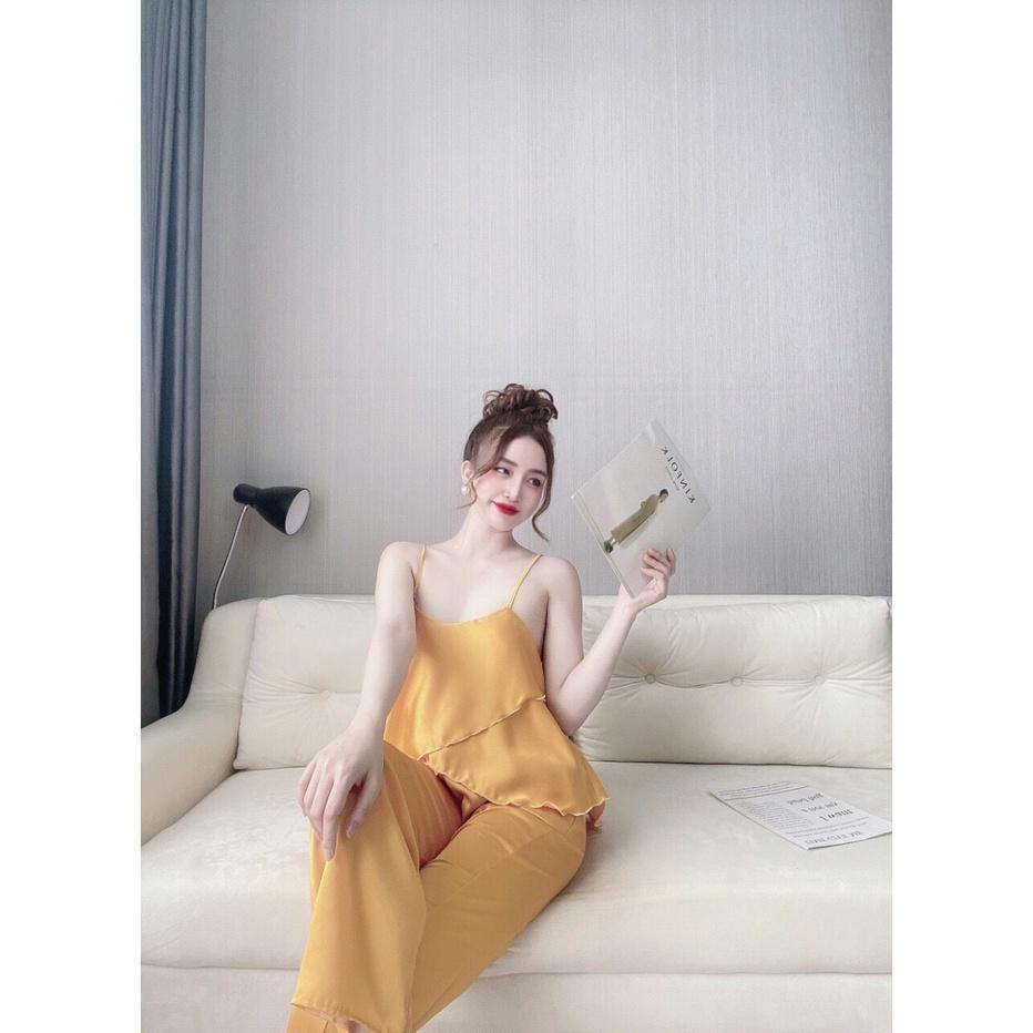 Đồ lụa satin 2 dây tà chéo quần dài cao cấp mặc nhà free size 58kg