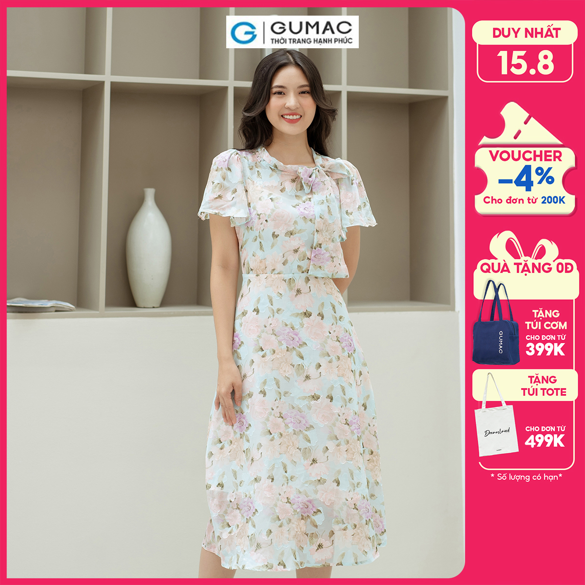 [BST MỚI THÁNG 9] Đầm hoa thắt nơ cổ GUMAC DD09049