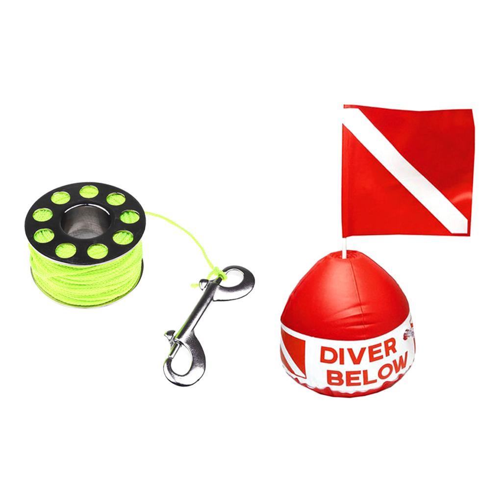 Fluorescent Yellow 102ft Line Scuba Spool Finger Reel with Bolt Snap  Diving Flag with Inflatable Float Buoy