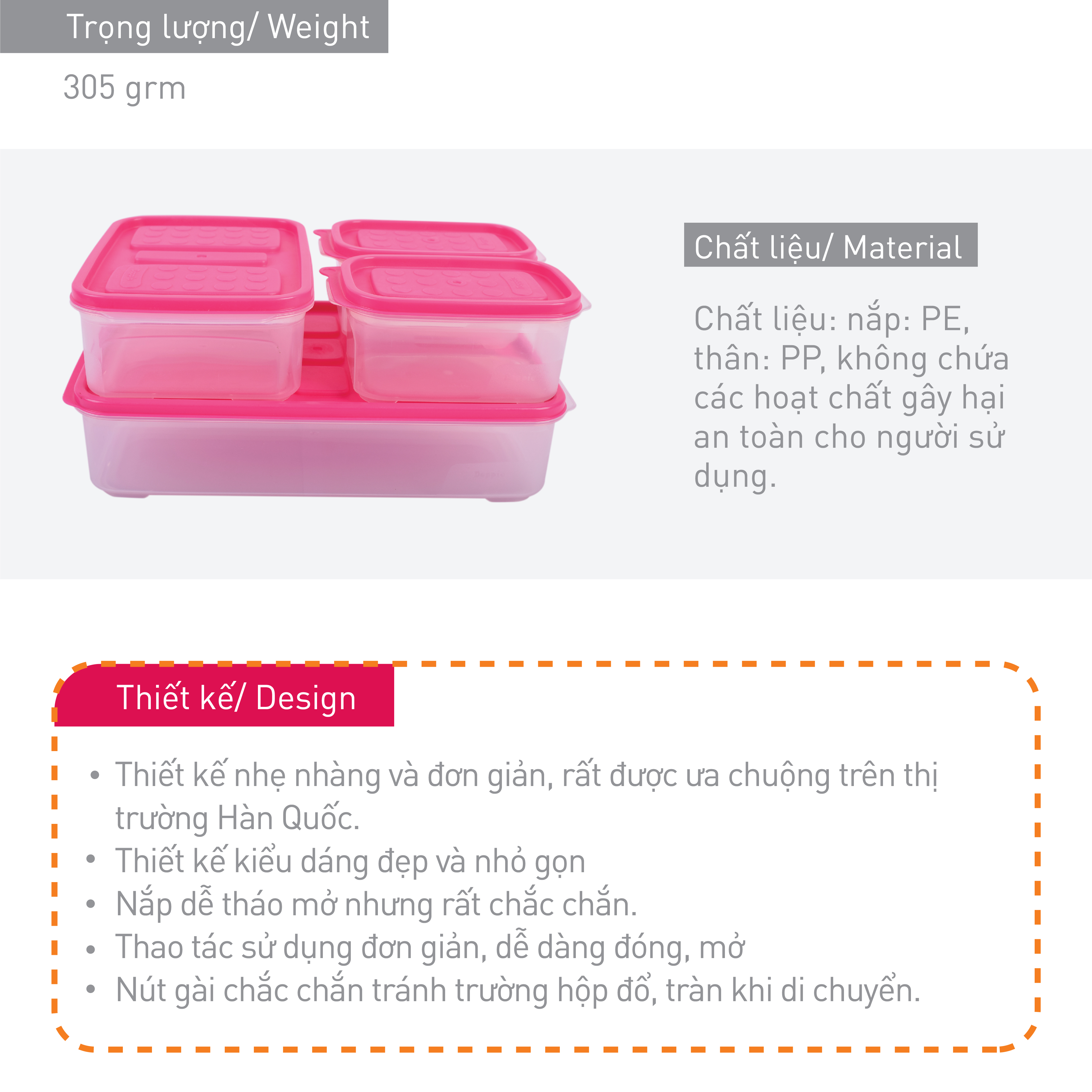 Combo 4  hộp nhựa đựng thực phẩm Hàn Quốc - Set 03 - Màu Hồng