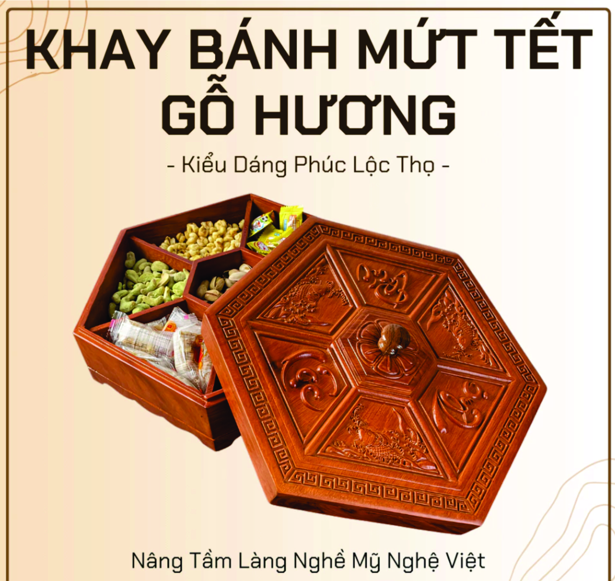 Khay gỗ đựng bánh kẹo tết , Hộp đựng mứt tết gỗ hương sang trọng , đẹp mắt, cao cấp