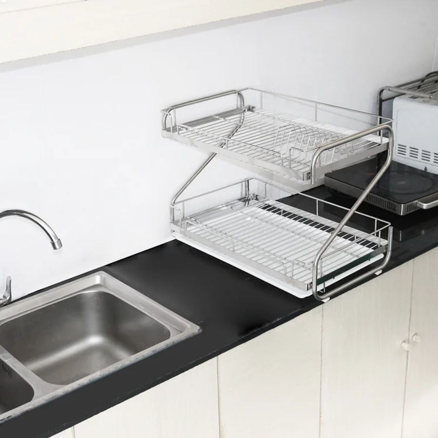 Kệ inox 304 úp chén dĩa 2 tầng chữ S Goda có khay hứng nước