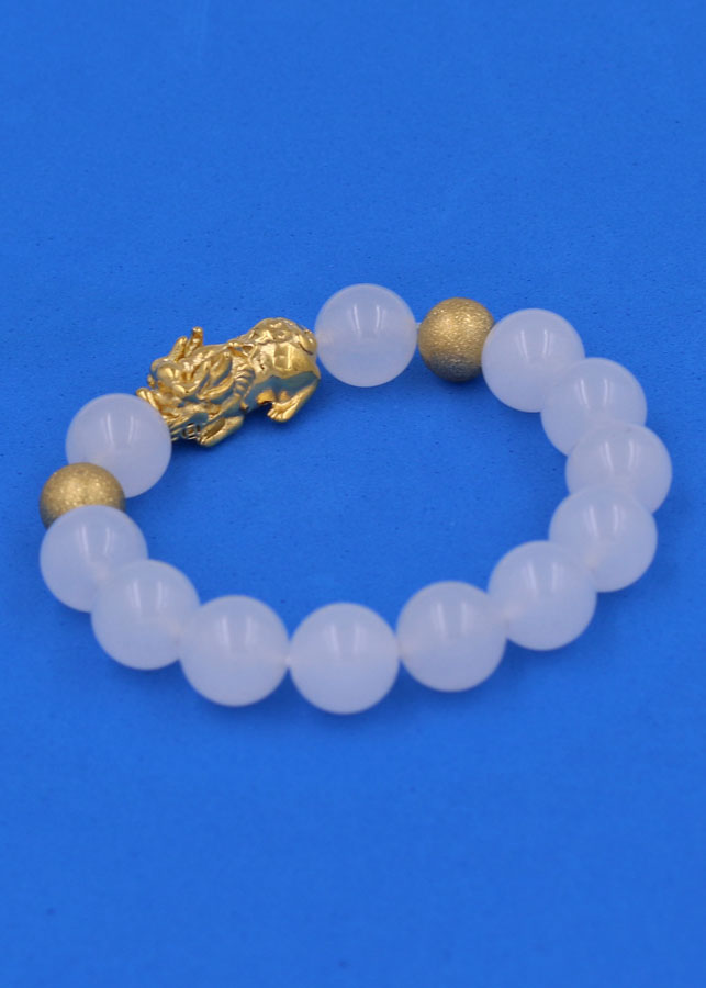 Chuỗi đeo tay Thạch Anh Trắng 12 ly - cẩn Tỳ Hưu Phong thủy inox vàng VTATTHHBV12 - hợp mệnh Kim, mệnh Thủy
