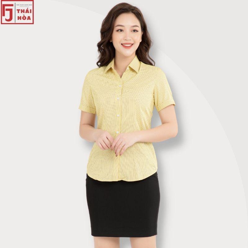 Sơ mi nữ Thái Hoà đẹp cotton công sở kẻ caro màu vàng A092-08-01