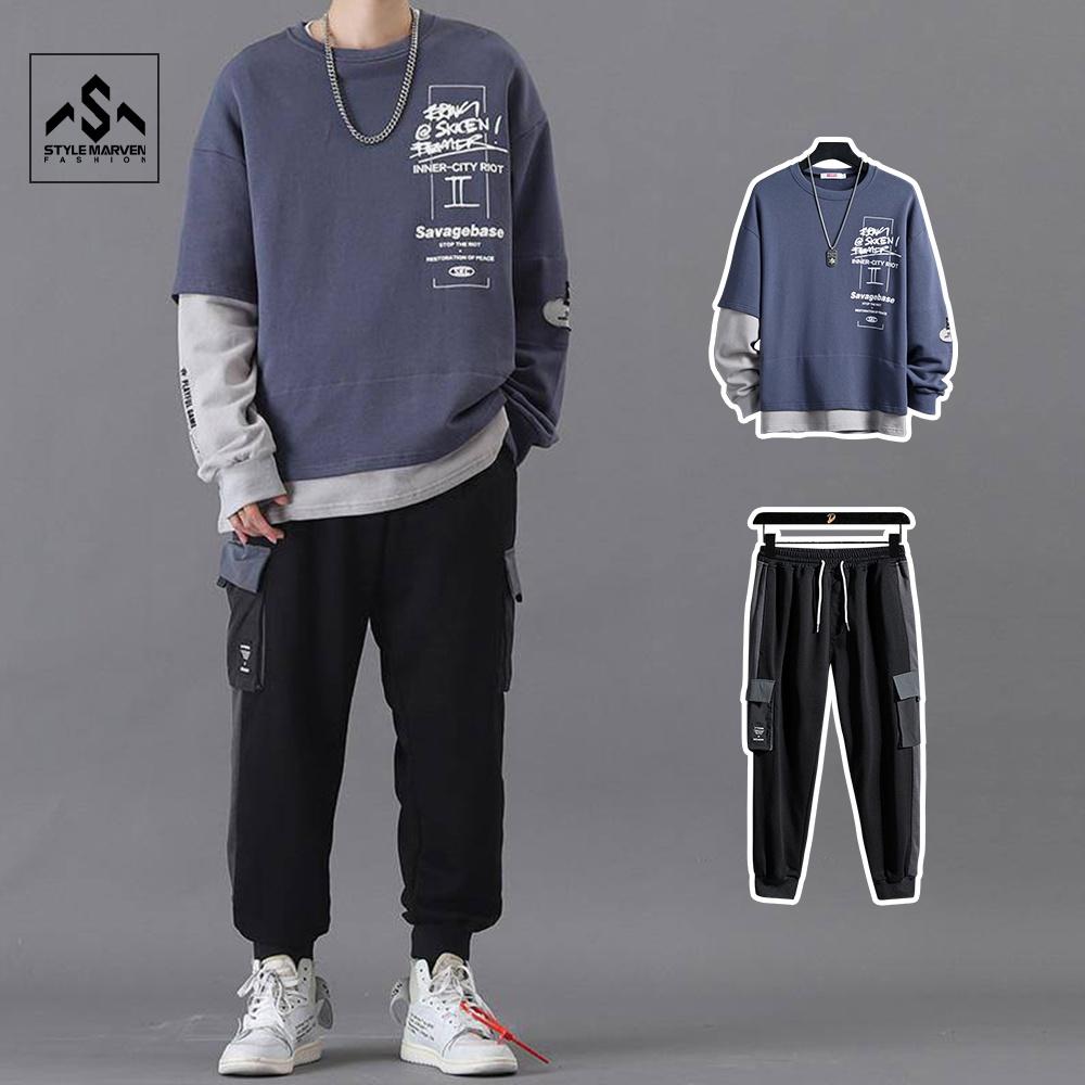 Bộ quần áo nỉ nam STYLE MARVEN áo layer 2 màu phối jogger túi bo ống năng động thời trang - SET NAM 90000155