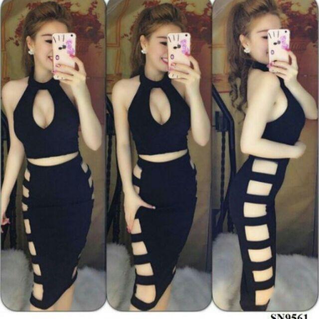 Đầm body phối lưới dọc