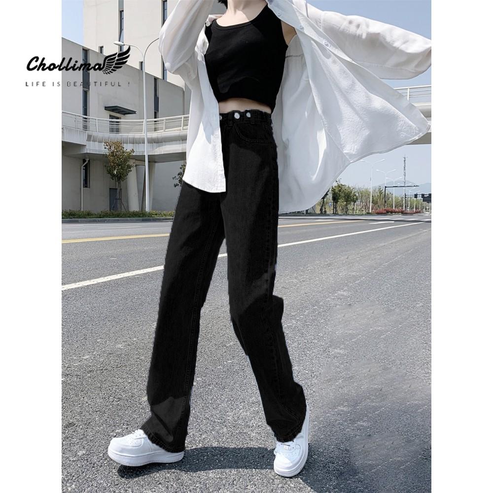 Quần jeans nữ Chollima ống rộng SIMPLE JEAN dài 98cm gài cúc eo màu đen QD042