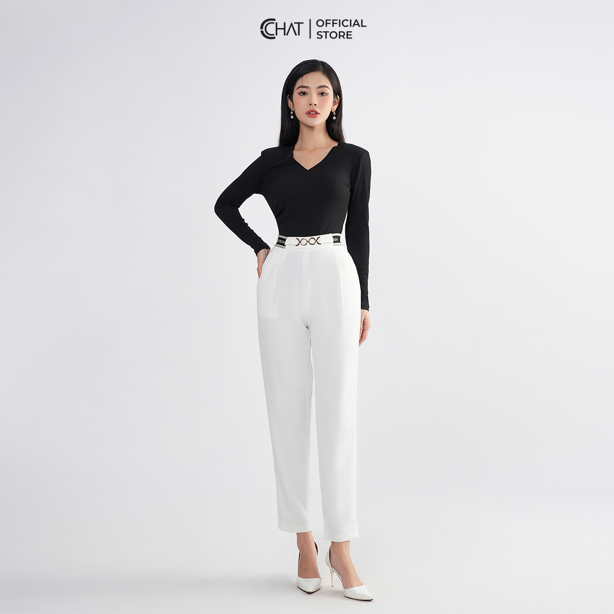 Quần Baggy Nữ  Kiểu Cạp Chun Phối Đai Xích Chất Tuytsi Mềm Mịn 22QDS2008BT