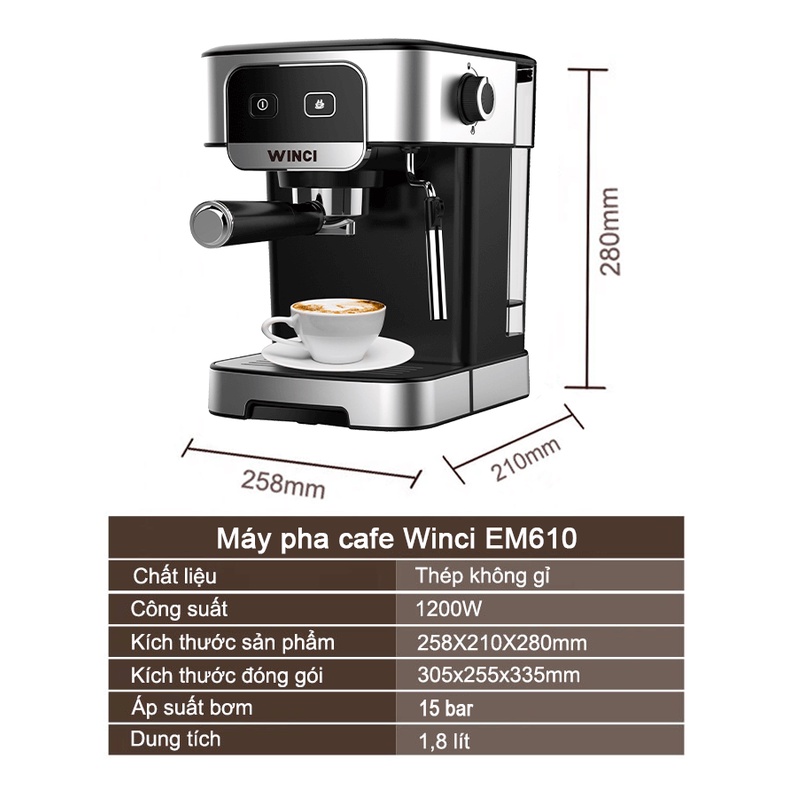 Máy pha cà phê Espresso Winci EM610 công suất 1200W pha cafe espresso tự động dùng cho gia đình - văn phòng, có hệ thống điều chỉnh bọt sữa cappuccino - Hàng chính hãng