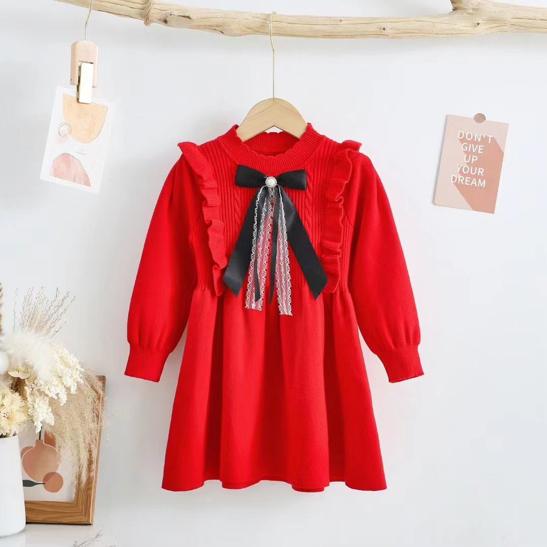 Váy len bé gái 1-7 tuổi diềm bèo nơ đen trắng. Đầm len cho bé cao cấp thời trang đanh sợi không bai xù