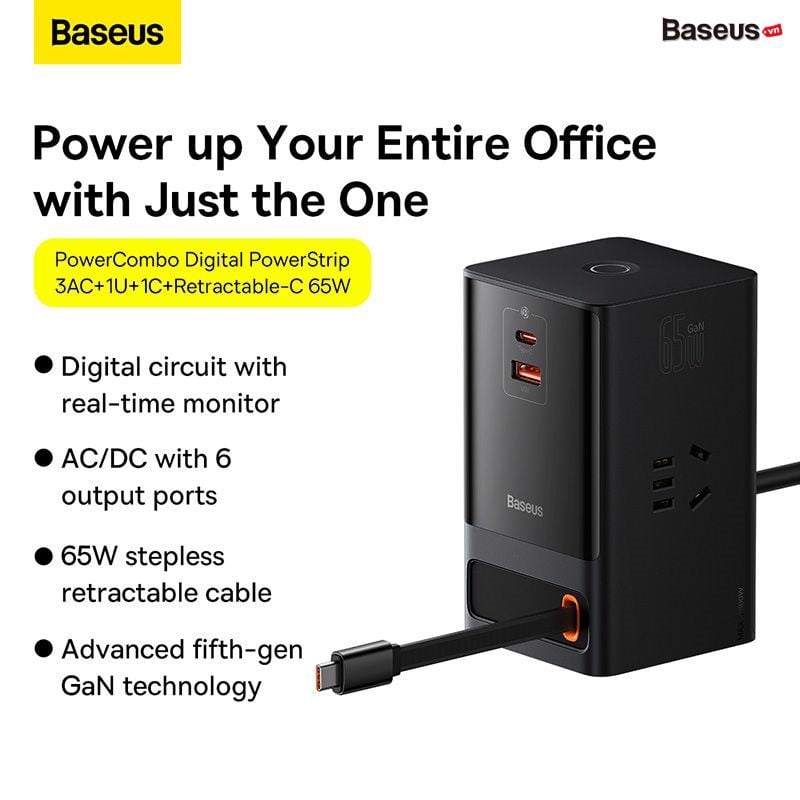Bộ Sạc Nhanh Tích Hợp Dây Nguồn Nối Dài Baseus Power Combo Digital PowerStrip 30W/45W/65W- Hàng chính hãng