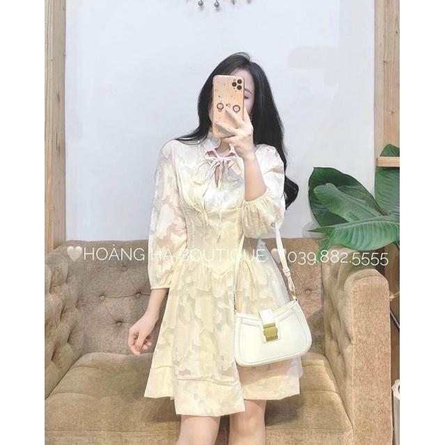 ĐẦM HOA NỔI CỔ TRỤ THẮT NƠ TAY PHỒNG