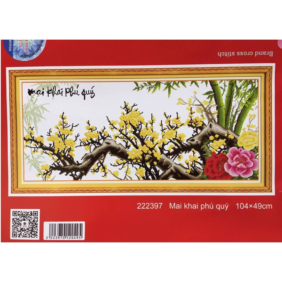 Tranh thêu chữ thập Mai Khai Phú Quý chưa thêu