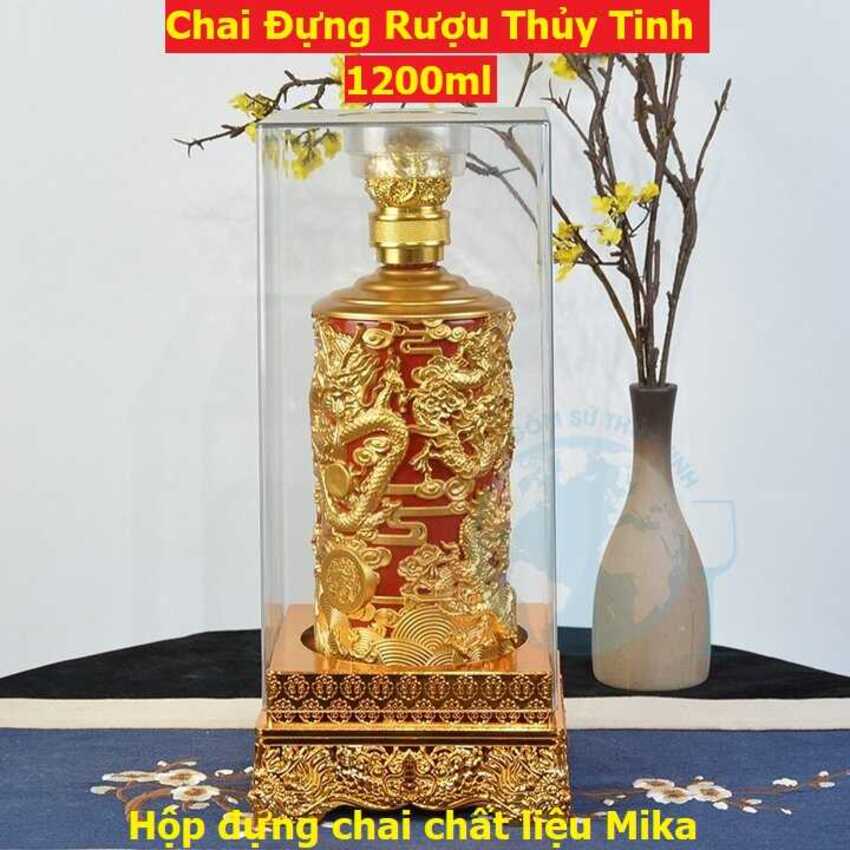 Bình Thủy Tinh Đựng Rượu 1000ml cao cấp mẫu đế vương màu sơn đỏ may mắn, hoa văn rồng