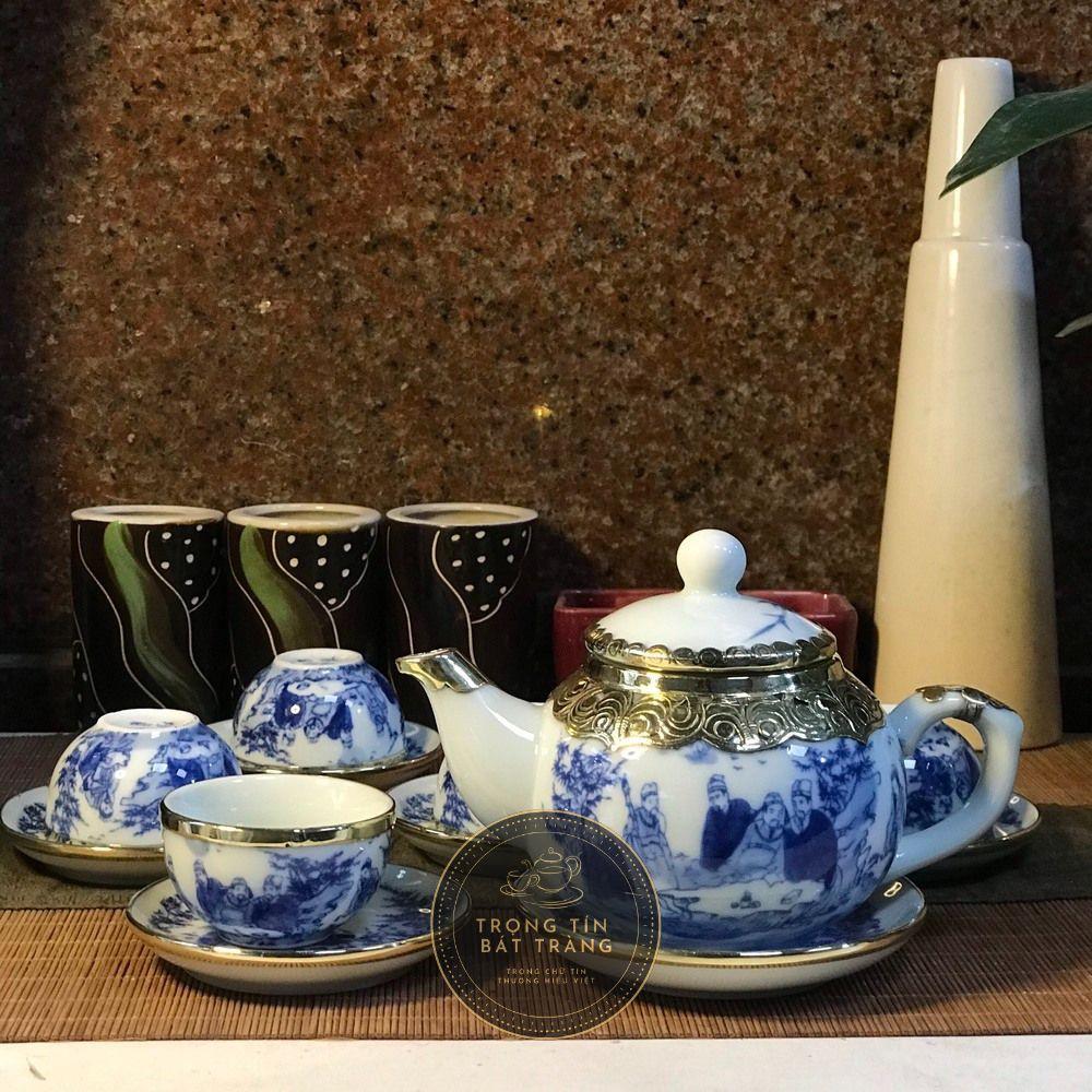 Bộ Ấm Chén Trà Đạo Gốm Trắng Men Lam Bát Tràng Trúc Lâm Thất Hiền Dáng Thủy Bình Dung Tích 300ml ATA 11