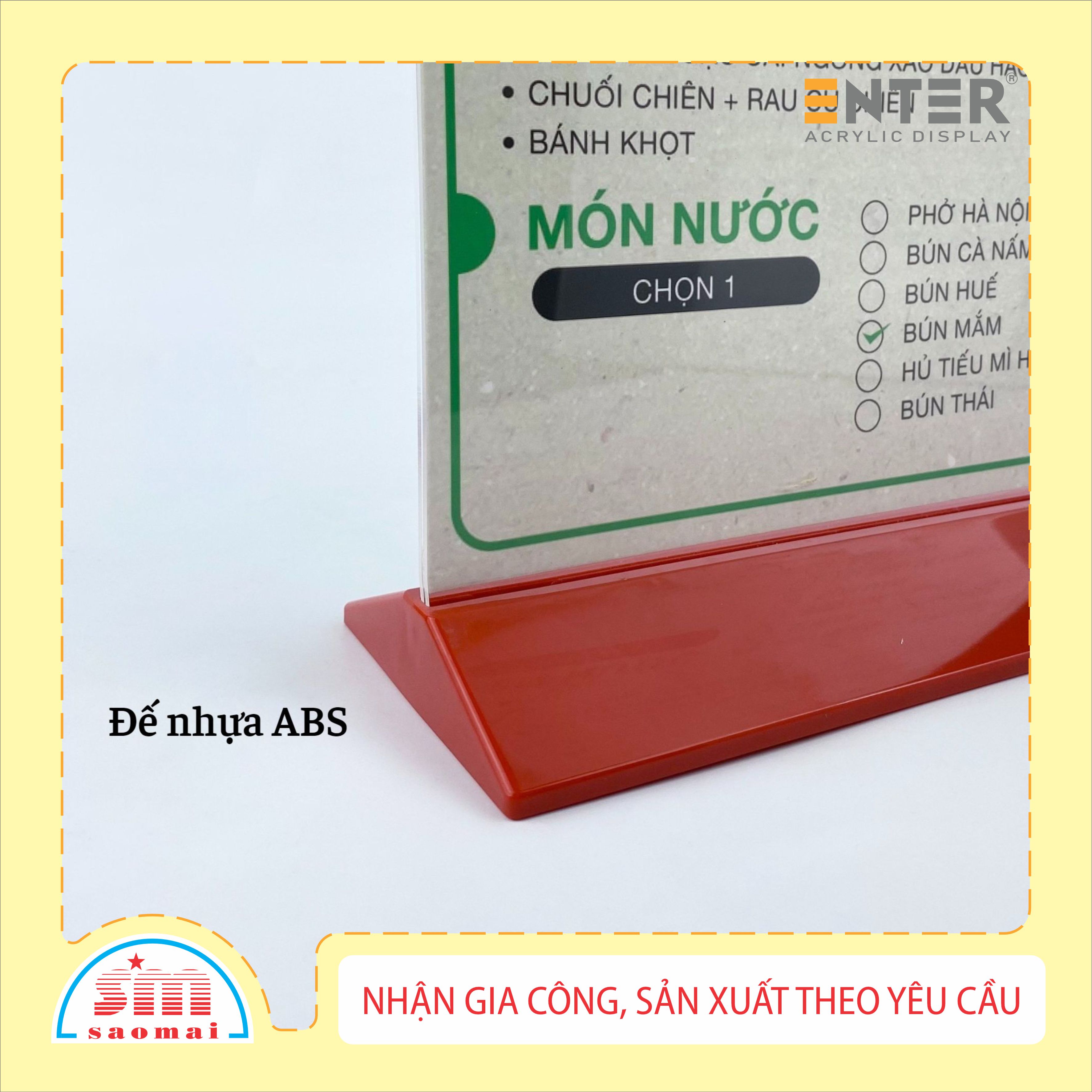 Kệ menu nhà hàng, Standee mica để bàn, Bảng quét mã QR Code, Kệ mica 2 mặt Enter E20 100x210mm đế màu