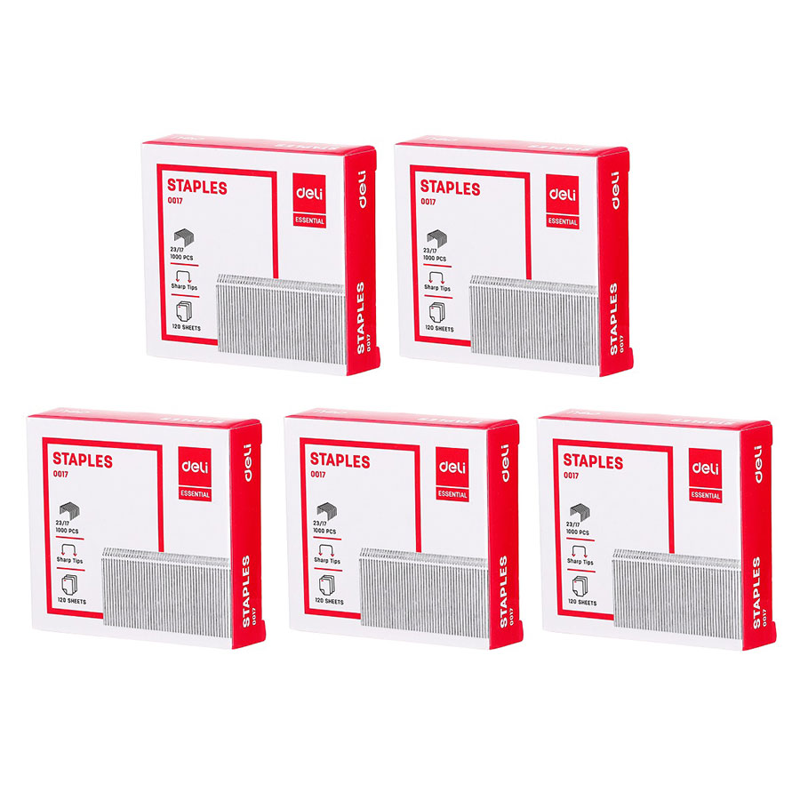Combo 5 Hộp Ghim Dập Deli 23/17 Dập được 120 tờ Màu bạc Mã 17