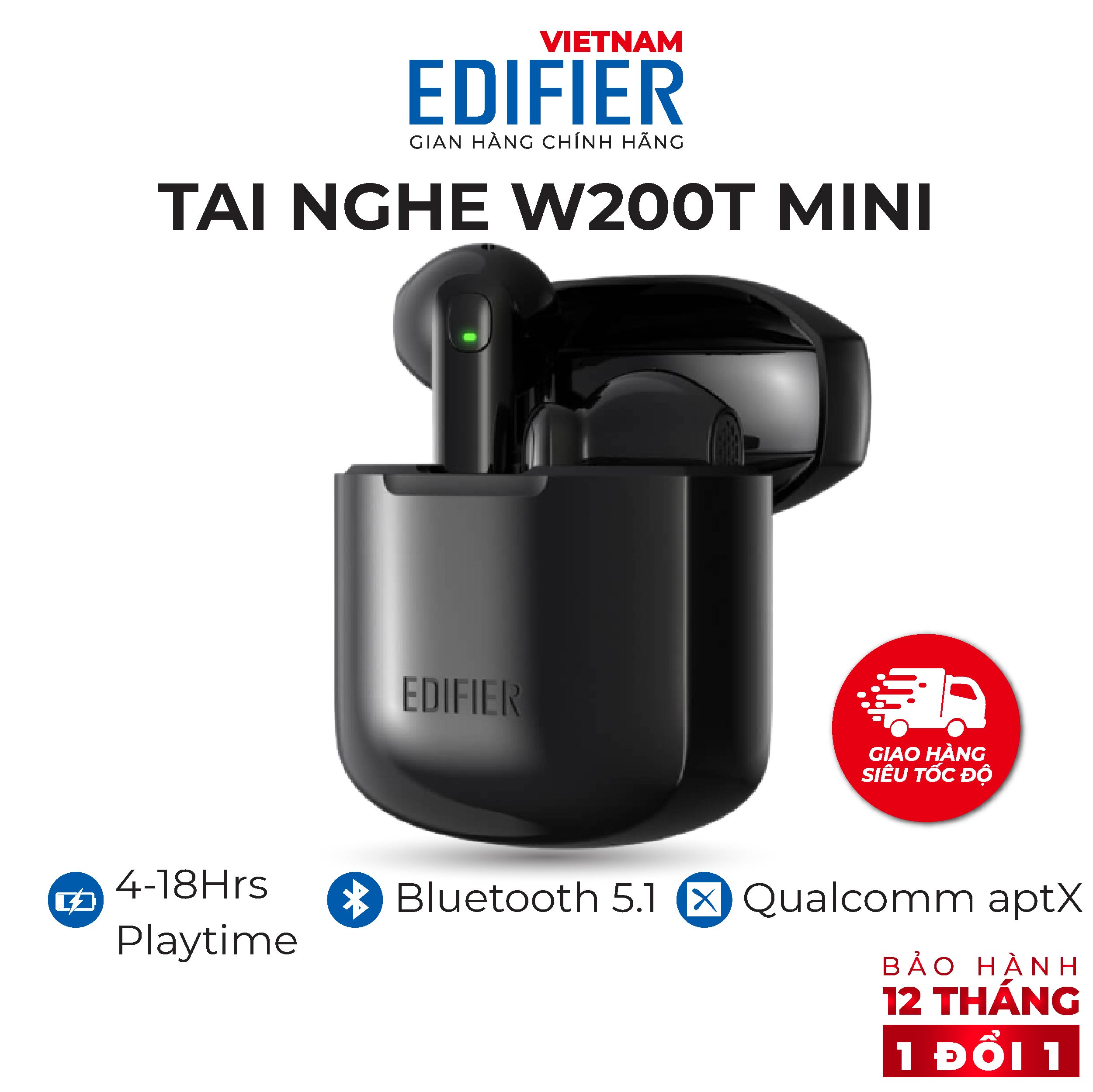 Tai nghe Bluetooth 5.1 EDIFIER W200T Mini Chip Qualcomm aptX Khử ồn cVc 8.0 Thời lượng pin 22 giờ Chống nước, bụi IP54 - Hàng chính hãng