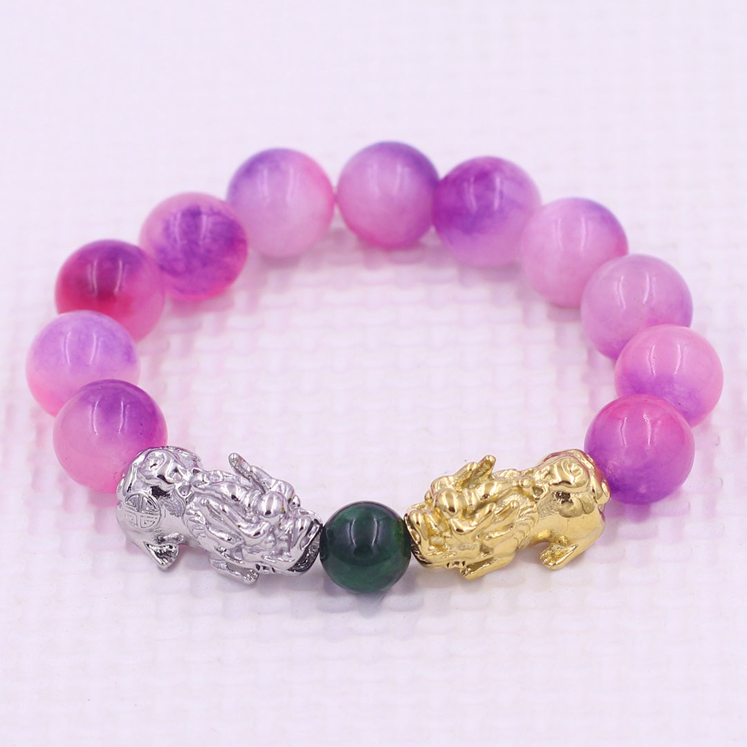Vòng chuỗi đeo tay đa thạch anh hồng tím 12 ly charm tỳ hưu đôi inox trắng và vàng, vòng chuỗi phong thủy, charm tỳ hưu, vòng tay hạt chuỗi