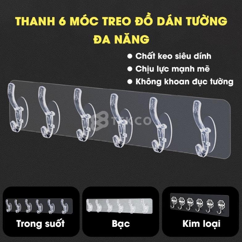 Thanh 6 Móc Dán Tường Siêu Dính Trong Suốt Treo Đồ, Quần Áo, Khăn, Đồ Dùng Nhà Bếp - Siêu Dính, Siêu Chịu Lực